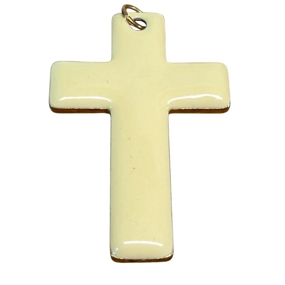 Vintage Cross Pendant Cream Gold‎ Tone Trim Enamel Religious Christian Jewelry